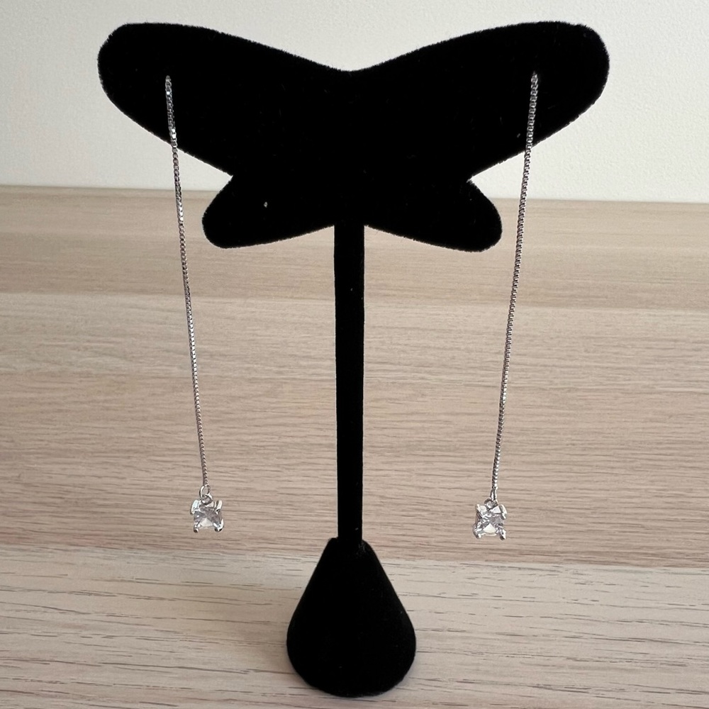 Silvertone Square Crystal Drop Earrings